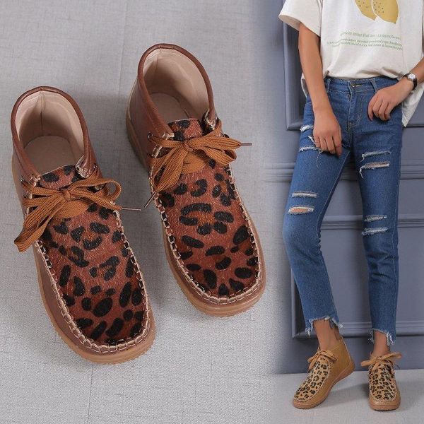 

boots women leopard ankle retro leather platform casual ladies shoes round toe footwear plus size 35-43, Black
