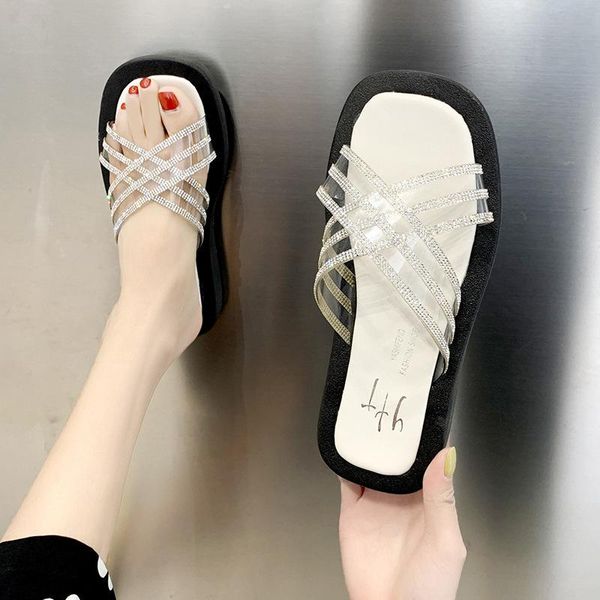 

slippers 2021 summer rhinestone platform sandals ins style fashion flat fairy beach shoes, Black