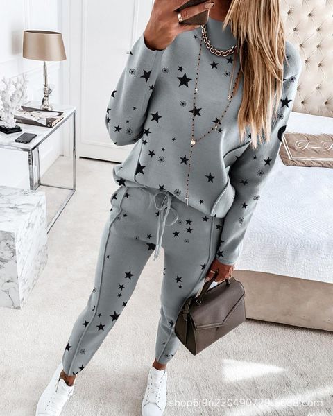 

women's tracksuits sports suit star print + pants casual fashion trend two-piece, Gray