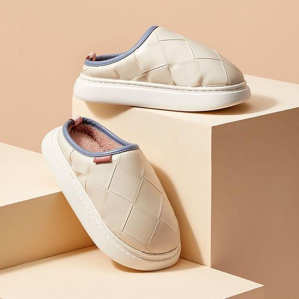 

slippers autumn and winter leather cotton outer wear indoor thickened warmth couple men women check shoes, Black