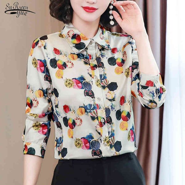 Camisa de seda de cetim impressa para mulheres escritório senhora manga longa botão floral blusa de cardigan plus tamanho senhoras tops 10723 210508