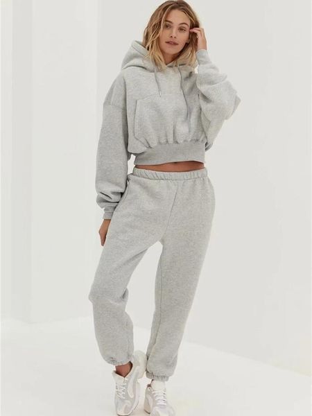 

women's two piece pants fleece cotton tracksuit women set autumn winter clothes solid hoodies sweatshirts sweatpants long suits outfits, White