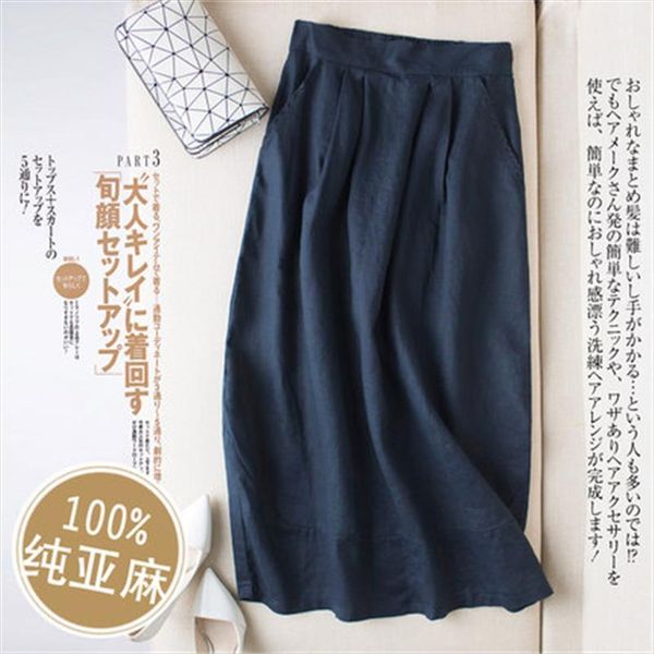 

pure linen summer japanese literary women skirts wind loose bohemian ethnic vintage harajuku mori girl k1508, Black