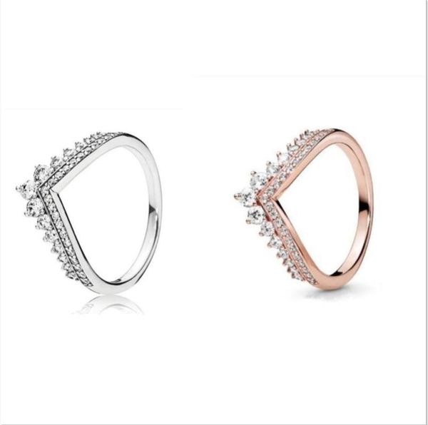 

sterling silver ring princess wishbone with crystal rings for women wedding party gift fine jewelry cluster, Golden;silver