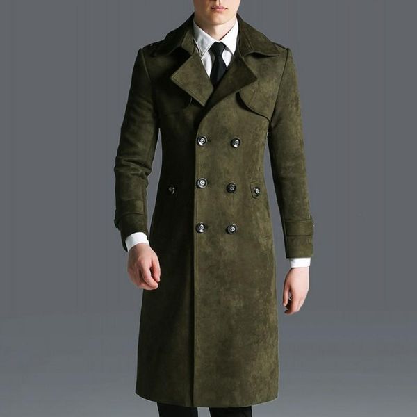 

england business men maxi long faux suede leather trench mantel army military overcoat slim fit windbreaker coat big size 6xl men's coa, Tan;black