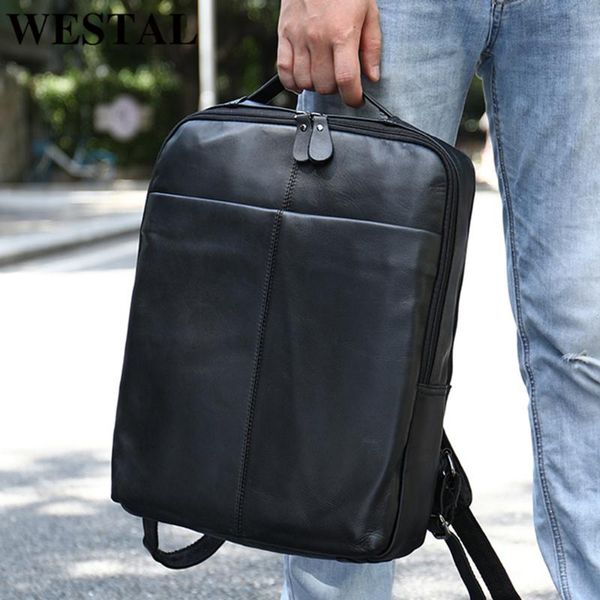

backpack westal large capacity men leather backpacks for lapschool bag teenager black notebook daypack travel man