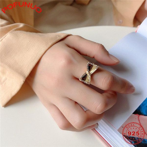 

cluster rings pofunuo real 925 sterling silver gold bowknot women gift female exquisite zircon simplicity girls fine jewelry, Golden;silver