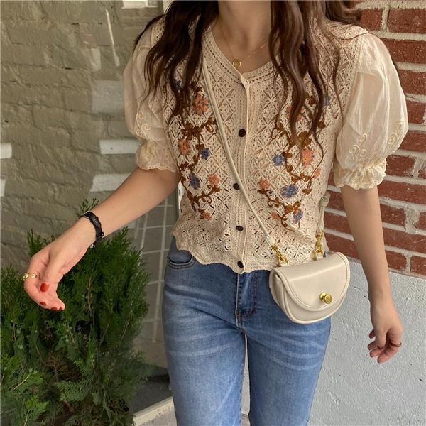 

women's blouses & shirts 2021 summer for women retro embroidery crochet lace blouse short-sleeved cardigan hollow out shirt, White