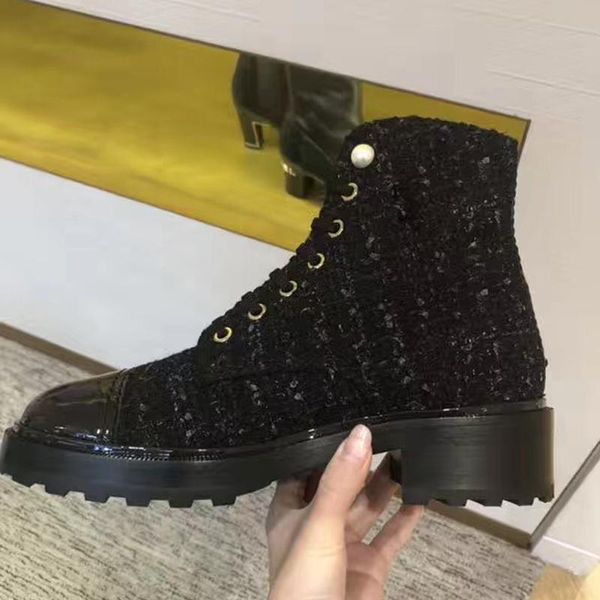 

boots brand designer women's shoes winter knitted fabric fashion pearl decoration 2021 lace, Black