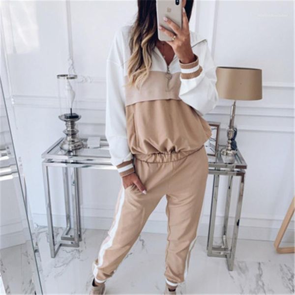 

women's two piece pants sets designer female loose with wide leg pant sets women autumn casual suits fashion occident zipper hooded swe, White
