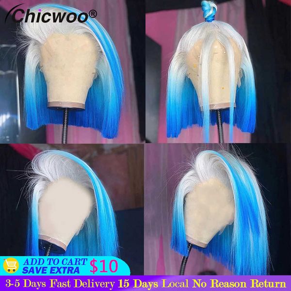 

Hair Colored Human Wigs for Women Straight Purple Pink Ombre Lace Front Preplucked Brazilian Remy Blue Bob Wig 180% S0826, Ombre color