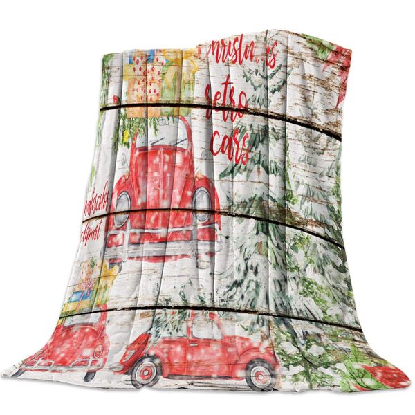 

fluffy plush flannel fleece throw blanket, christmas car pulled gift pine tree rustic wooden board luxury lightweight warm cozy
