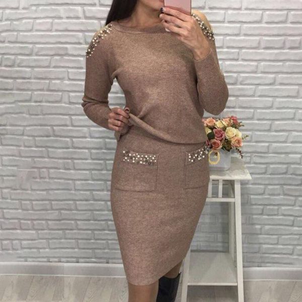 

women's tracksuits fashion two piece set women autumn wear sweater + pencil skirt suit long sleeve 2 pieces knitted tracksuit, Gray