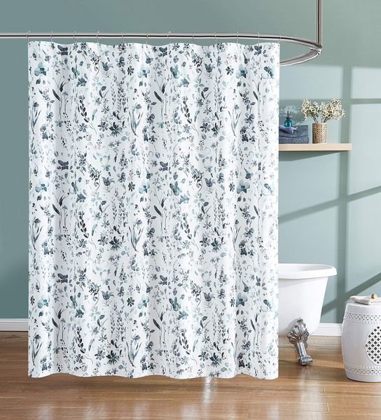 

grey and blue print flower watercolor shower curtain for bathroom decor,70" w x 72" l water resistant hookless shower curtains
