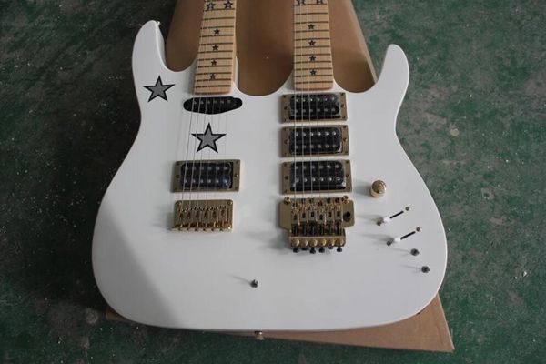Özel Beyaz Krame RS 6 Stings + 6 Güçlü Çift Boyun Elektro Gitar Floyd Rose Tremolo Köprü Kilitleme Somun, Yıldız Kakma, Altın Donanım