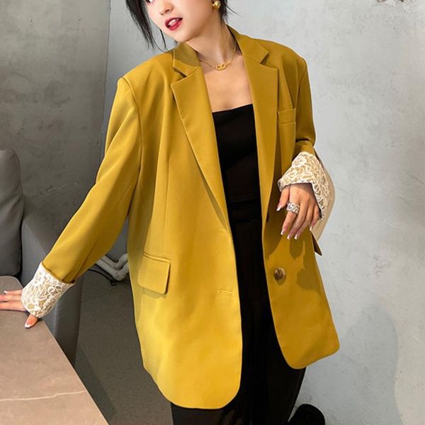 

women's suits & blazers [ewq] korea chic casual trend women lapel single-breasted lace stitching fashion loose long-sleeved blazer autu, White;black