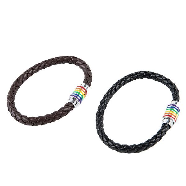 

charm bracelets women men stainless steel rainbow magnetic charms bracelet gift black brown genuine braided leather, Golden;silver