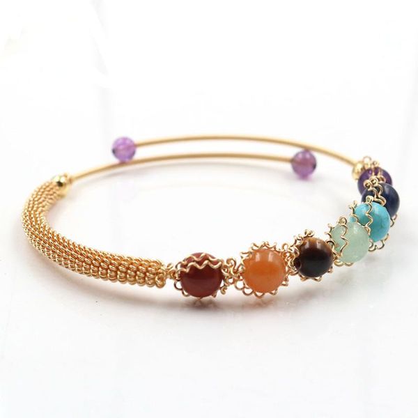 

charm bracelets light yellow gold color wire wrap stackable many style stone round beads bracelet healing chakra jewelry, Golden;silver