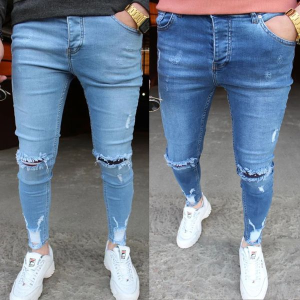 

men's fashion skinny ripped jeans frayed rip denim men long pant casual ky90, Blue