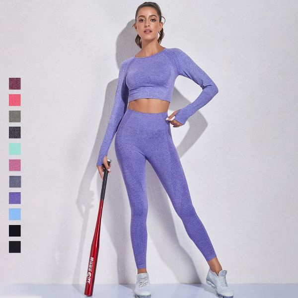 

running sets women 2pcs seamless yoga set sport suit gymwear workout clothes long sleeve gym crop high waist leggings fitness sports wea, Black;blue
