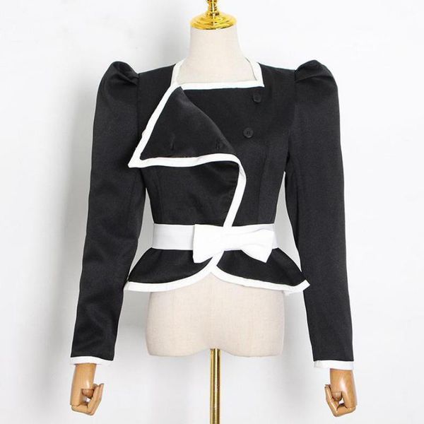

women patchwork coat bandage color matching short coats jackets 2021 fashion vintage autumn winter women's, Black;brown