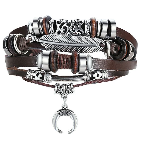 

5936 feather crescent multilayer artificial leather bracelet creative punk black men's bracelet, Silver