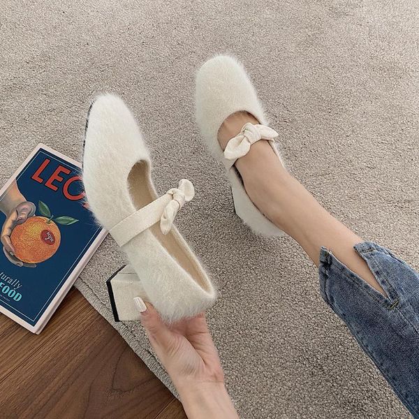 

fleeces fur korean tacones mujer bow-knot mary janes shoes women winter ladies plush zapatos chunky high heels woman pumps 2021 dress, Black