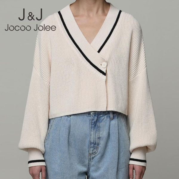 

women's knits & tees jocoo jolee cropped cardigans elegant hit color striped v neck loose sweater women long sleeve all match knitting, White