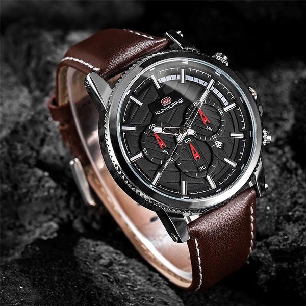 

men's watches luxury brand quartz chronograph watch fashion sports date leather men clock relogio masculino black whatches wristwatches, Slivery;brown