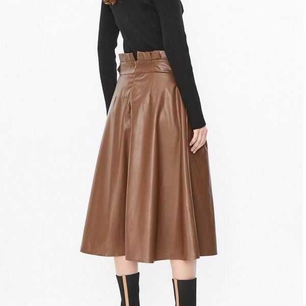 

women pu leather skirt autumn 2021 fashion pleated brown color modern lady mid-calf skirts1, Black
