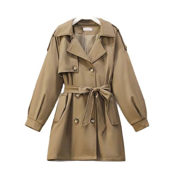 

women's trench coats 2021 spring autumn women jacket casual coat pocket double breasted jackets mid long female windbreaker loose outwe, Tan;black