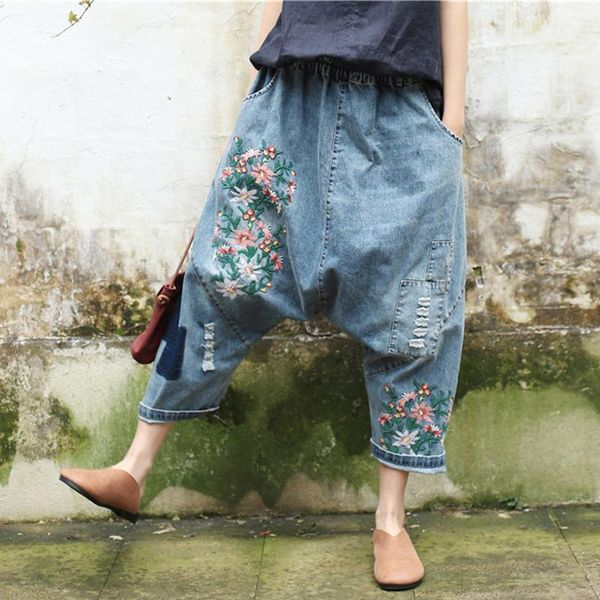 

women's pants & capris women vintage denim harem embroidery floral elastic waist trouser 2021 pockets patchwork loose blue, Black;white
