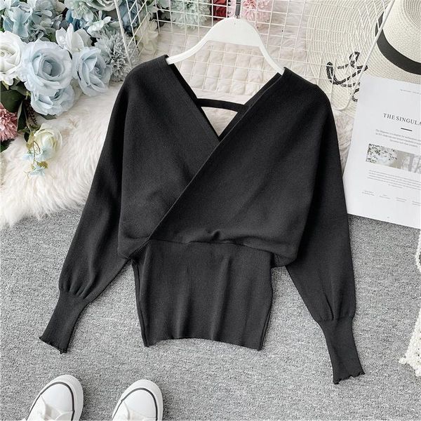 

autumn winter korean style large v-neck batwing shirt knitwear women's waist-tight slimming sweater bottoming sweaters, White;black