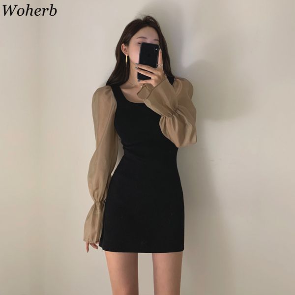 Frauen Kleid Koreanische Kleidung Puff Weniger Quadrat Kragen Slim Fit Vestidos Süße Feste Robe Hohe Taille Mini Kleider 92667 210422