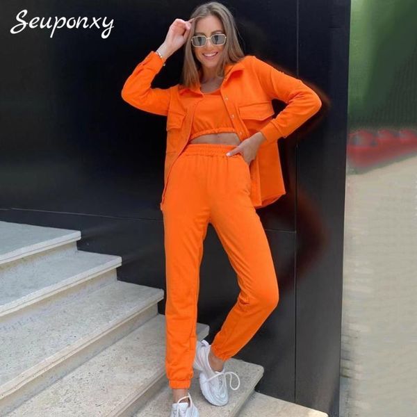 

women's two piece pants loose casual 3 three-piece set short vest + single breasted jacket waist 2021 autumn, White