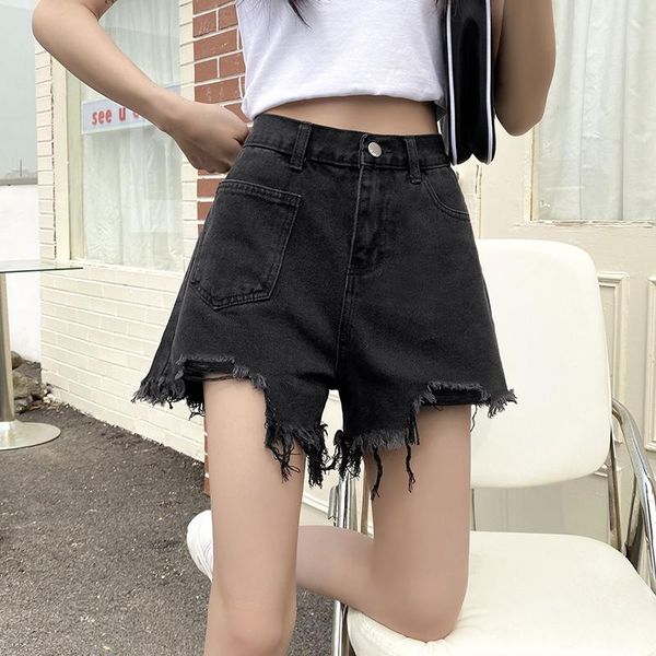 

summer women high waist denim shorts irregular tassel pocket wide leg jeans lady fashion street slim asymmetry women's, Blue