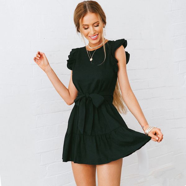 

casual dresses spring summer women sleeveless round neck black navy blue red ruffles dress robe femme ues8, Black;gray