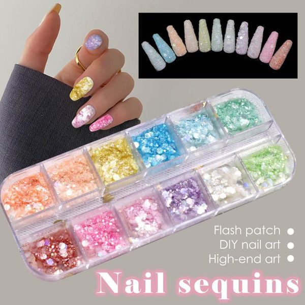 

nail glitter 12 colors colorful powder sequins foils art decoration tips design shinny acrylic nails beauty tools, Silver;gold
