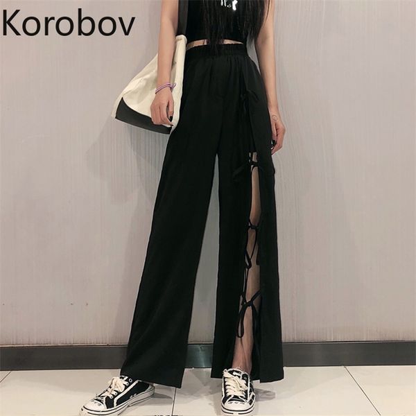 

korobov korean high waist split women trousers high street hollow out wide leg pants casual female joggers 210430, Black;white