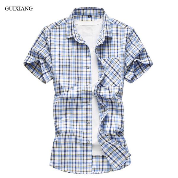 

arrival guixiang summer style men short sleeve shirt fashion casual slim plaid male plus size cotton -7xl men's shirts, White;black