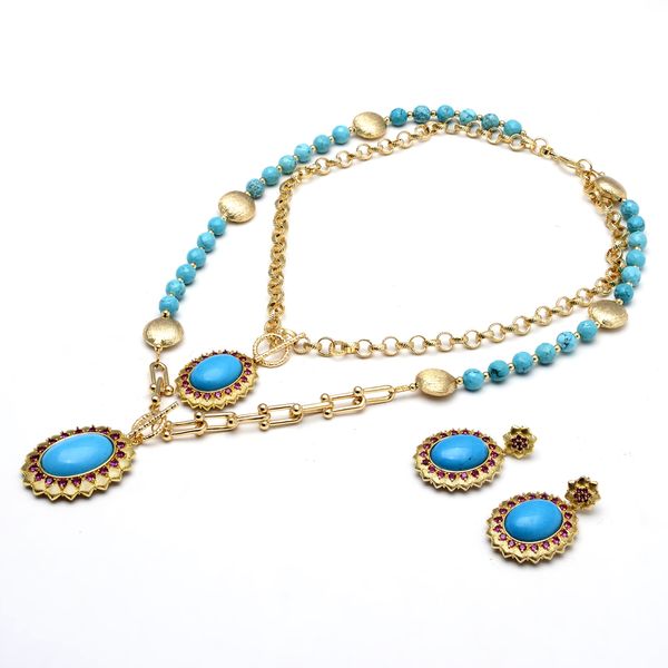 

guaiguai jewelry blue sea sediment jaspers turquoises pendant chain statement necklace earrings set 18" for women, Silver