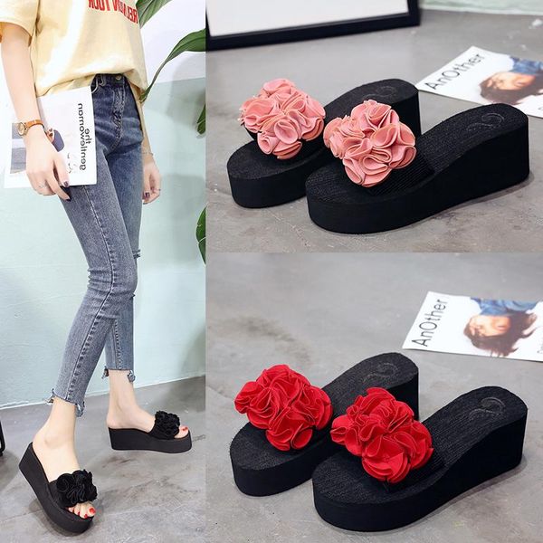 

shoes woman 2021 slippers flat shale female beach heeled mules pantofle luxury slides platform flower soft sabot high design, Black