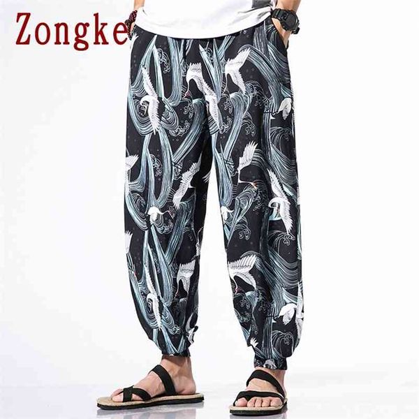 Zongke Japonya Tarzı Vinç Baskı Erkek Pantolon Hip Hop Yaz erkek Giyim Jogger Harajuku Sweatpants M-5XL 210715