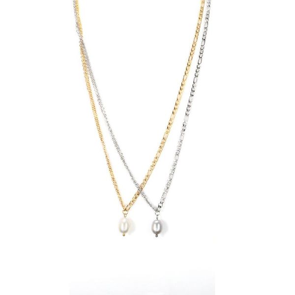 

chains stainless steel double chain freshwater pearl necklace for women fashion jewelry gift, Silver