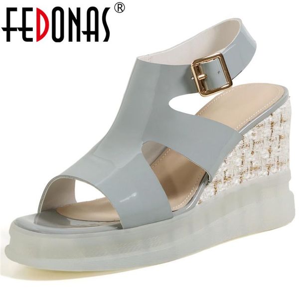 

sandals fedonas buckles genuine leather women 2021 summer wedge platform fashion shoes woman wedding party, Black