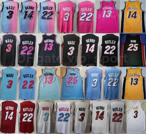 

men basketball tyler herro jersey 14 jimmy butler 22 dwyane wade 3 bam adebayo 13 goran dragic 7 kendrick nunn 25 team stitched, Black;red