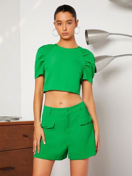 

ruched raglan sleeve crop & flap detail shorts l7jd#, White