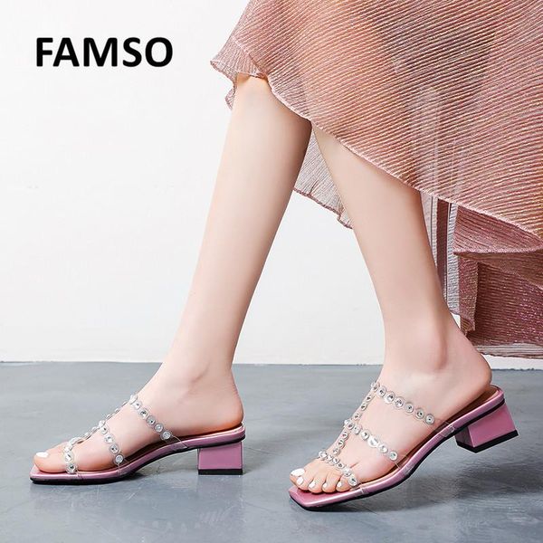 

women crystal clear transparent pvc sandals slippers fashion block mid heel slide chunky mules wedding shoes plus size, Black