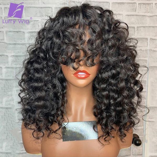 

loose curly brazilian human hair with bangs 180 density scalp base full machine made for black women bulks