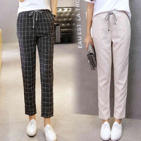 

summer women's spring pants elastic waist plaid casual pencil pants fashion ankle-length harem pants lady trousers female 210419, Black;white